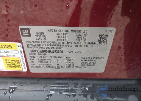 2017 Chevrolet Traverse 2Lt from USA, damaged, VIN 1GNKRHKD4HJ232000